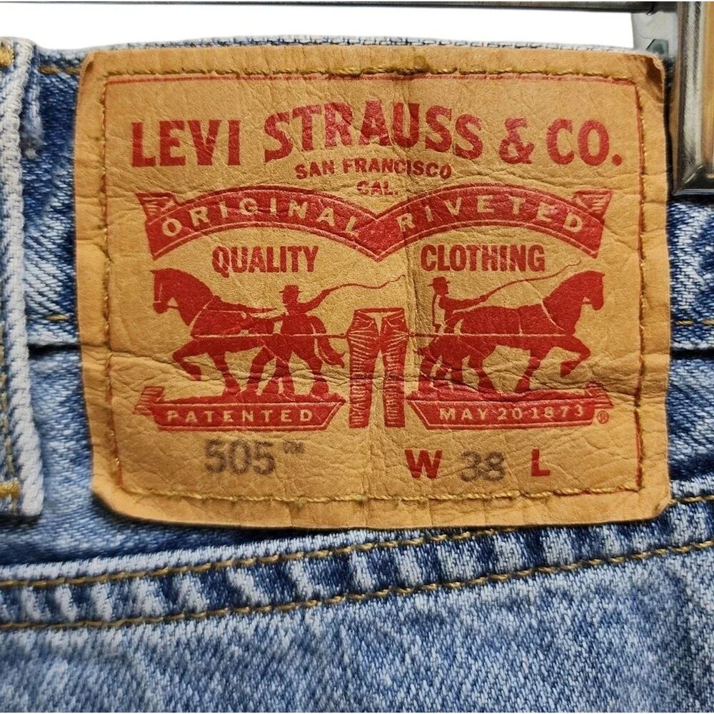 Levi's 505 Jean Shorts Mens Sz 38 Blue Cotton Denim Zip Distressed Casual